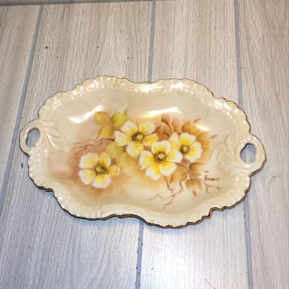 Vntg Porceline Vegetable Plate Floral Oval Handled Germany Handpaited P Barnes